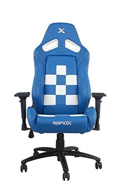 a blue and white gaming chair with the word re - xp on it's back