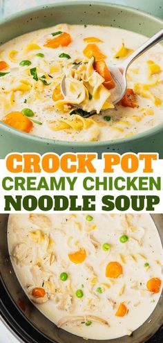 crock pot creamy chicken noodle soup in a bowl