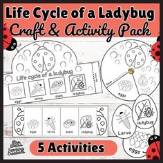 the life cycle of a ladybug craft and activity pack is shown in black and white