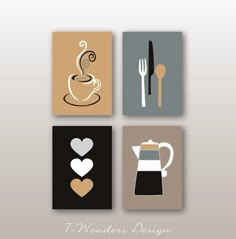 four different types of coffee and teapots with the words 7 wonders design on them