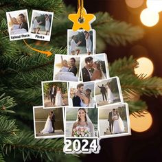 a christmas ornament with photos hanging from it's side on a tree