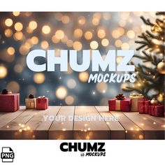 a christmas tree with presents in front of it and the words chumz mocks