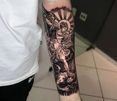 Angels Arm Tattoo, Biblical Patchwork Tattoos, Noahs Ark Tattoo Design, St Michael Tattoo Design, Angle Tattoo For Men, Religious Tattoo Sleeves, Angel Sleeve Tattoo, St Michael Tattoo