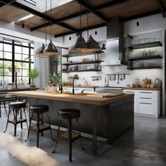 a large kitchen with lots of counter space and hanging lights above the island, along with bar stools