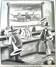 two men are talking to each other in front of a bar with cows on the wall