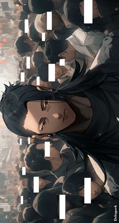 an anime character with long black hair standing in front of a large group of people