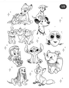 the disney characters are drawn in black and white