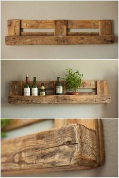 three different pictures of wooden shelves with bottles and glasses on them, one is made out of