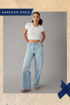 Rigid in the front. Stretchy in the back. Magic all over with innovative 50/50 construction/Comfort Stretch Waistband for an extra dose of comfy!/Light wash Curvy Jeans, Baggy Jeans, Fitness Inspo, 50 50, Wide Leg Jeans, Straight Jeans, Women's Jeans, American Eagle Outfitters, Womens Bottoms