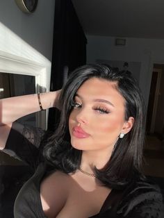 Shoulder Length Jet Black Hair, Makeup For Black Hair Blue Eyes, Jet Black Hair Shoulder Length, Black Hair Blue Eyes Makeup, Black Hair Pale Skin Green Eyes, Dark Black Hair Short, Gel Down Hairstyles, Black Hair Pale Skin Brown Eyes, Black Hair Blue Eyes Aesthetic