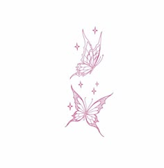 two pink butterflies flying in the air with stars on their back and wings spread out