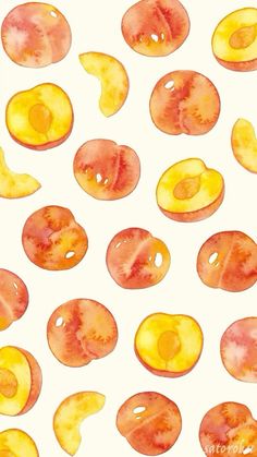 watercolor painting of sliced peaches on white background