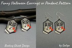 the earrings are made with beads and bead designs on them, including an image of a