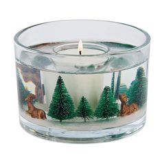 a small glass candle holder with animals and trees in the center, on a white background