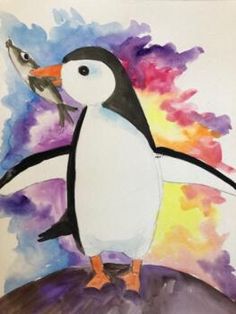 a painting of a penguin standing on top of a rock in front of a rainbow colored sky