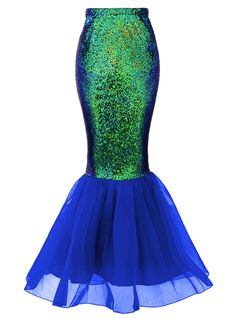 a blue and green mermaid costume with sequins on the bottom, in front of a white background