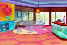 a cartoon living room filled with furniture and lots of pink rugs on the floor