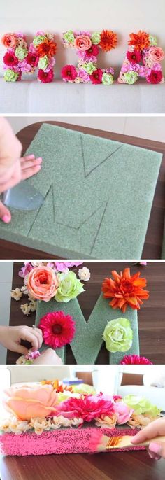 flowers are being made with felt and glue to make a flower centerpiece for the table