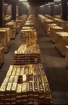 stacks of gold bars in a large room