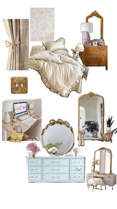 a collage of furniture and accessories including a bed, dresser, mirror, chair, desk