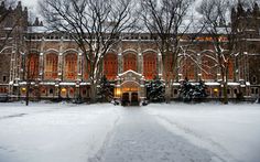 a large building covered in snow with trees and lights on the front entrance to it