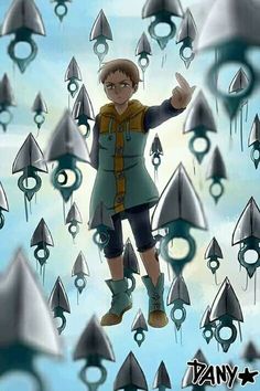 an animated image of a boy surrounded by metal rockets