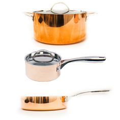 three pots and pans are shown with lids on each side, one has a spoon in it