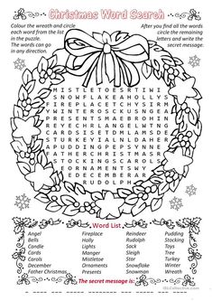 the christmas word search is shown in this printable coloring page for adults and children