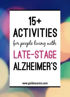 Alzheimer's Disease affects people in different ways. Rather than focusing on the disease and impairment, we should aim to identify each person's strengths and remaining abilities and find activities to support these. Here are 15 Activities For Late-Stage Alzheimer's Disease. Memory Care Activities, Alzheimer Care, Activities For Seniors, Recreation Therapy, Elderly Activities, Activity Director