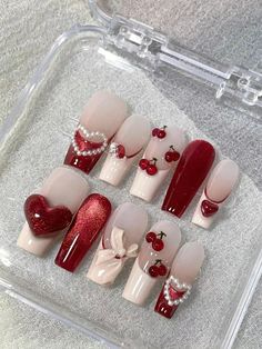 cherry nails #cherry #naildesign #nailart #nailsofinstagram Girly Coquette Aesthetic, Nails Cherry, Cherry Nail Art, Bow Nail Designs, Aesthetic Bow, Bow Nails, Bow Nail, Girly Coquette, Art Deco Nails