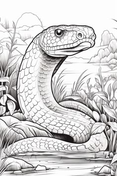 a black and white drawing of a snake on the ground with plants in the background