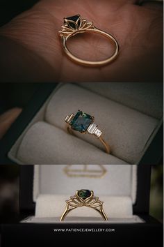 two different views of an engagement ring in gold and blue topazte with diamond accents