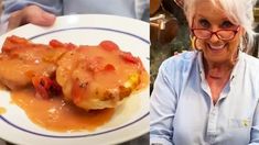 an older woman is smiling while holding a plate with food on it and another photo of her