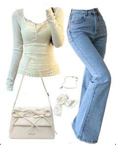 OOTD: Patchwork Tee + Flare Jeans + Leather Shoulder Bag Outfits For Fifth Graders, Cottagecore With Jeans, Chloecore Outfits, 80s Coquette Outfits, Y2k Clothes Ideas, Dr Outfit Ideas, Fairy Core Tops, Soft Y2k Outfits, Y2k Outfits Jeans