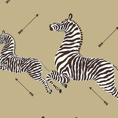 two zebras that are standing next to each other on a brown background with arrows