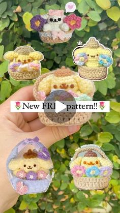 small crocheted dolls are in the shape of baskets with faces on them and words new fri pattern