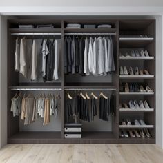 a walk in closet with lots of clothes and shoes on the shelves next to it