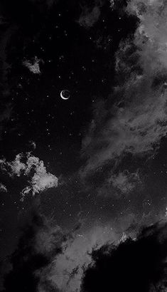 the night sky is full of stars and clouds, as well as a half moon