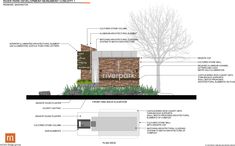 the front and side of a brick building with information about it's features, including landscaping