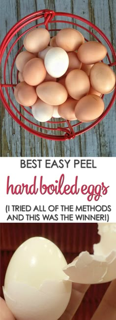 an egg being boiled in a wire basket with the words best easy peel hard boiled eggs