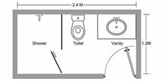 a bathroom with a toilet, shower and vanity measurements on the wall are shown in black and white