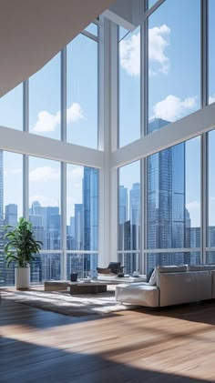 an empty living room with large windows overlooking the cityscape and skyscrapers in the distance