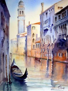 a painting of a gondola in the water