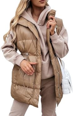 Quilted Vest Outfits For Women, Vest Outfits For Women Winter, Quilted Vest Outfit, Sleeveless Long Jacket, Long Puffer Vest, Vest Outfits For Women, Quilted Coats, Drawstring Jacket, Sleeveless Puffer