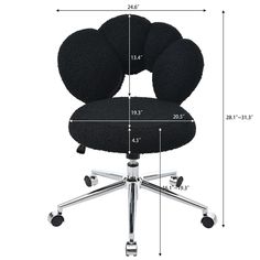 a black office chair with wheels and measurements for the seat cushion on top of it