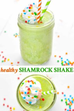 green smoothie in a mason jar with straws and sprinkles on top