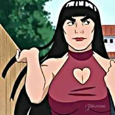 an animated image of a woman with long black hair wearing a red shirt and holding her hands up