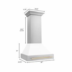 a white stove hood with measurements for the top and bottom portion, including the width