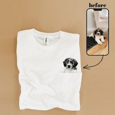 a white t - shirt with a black and white dog sticking out of it's pocket