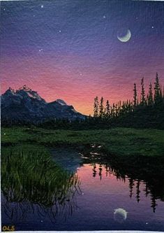 a painting of a mountain lake at night with the moon in the sky